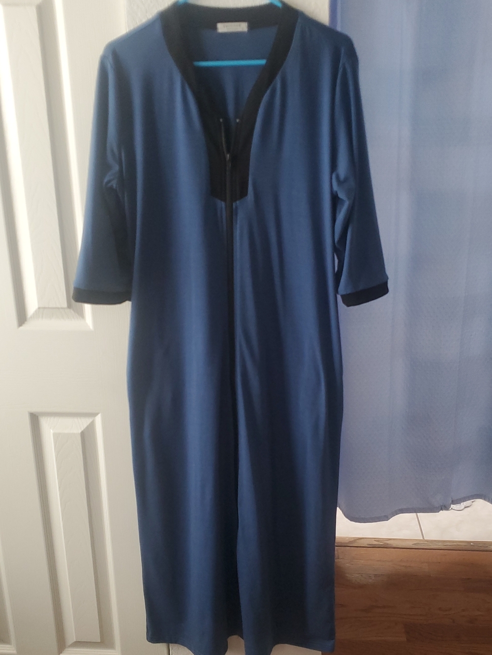 Women's Navy Blue Zip-Front Robe with Black Trim